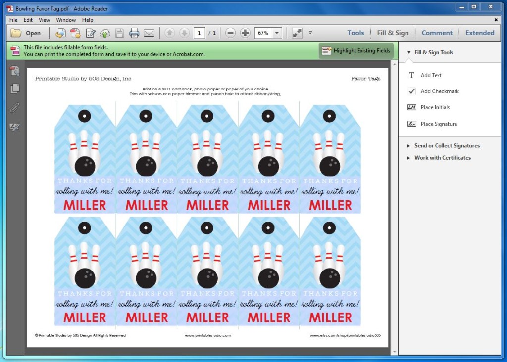 Bowling Party Favor Tags in Blue - Printable Studio