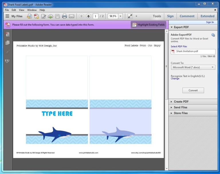 Shark Party Food Labels - Printable Studio