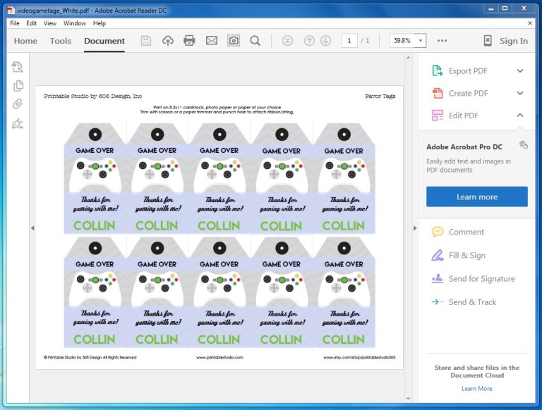 Video Game Party Favor Tags with White Controller - Printable Studio
