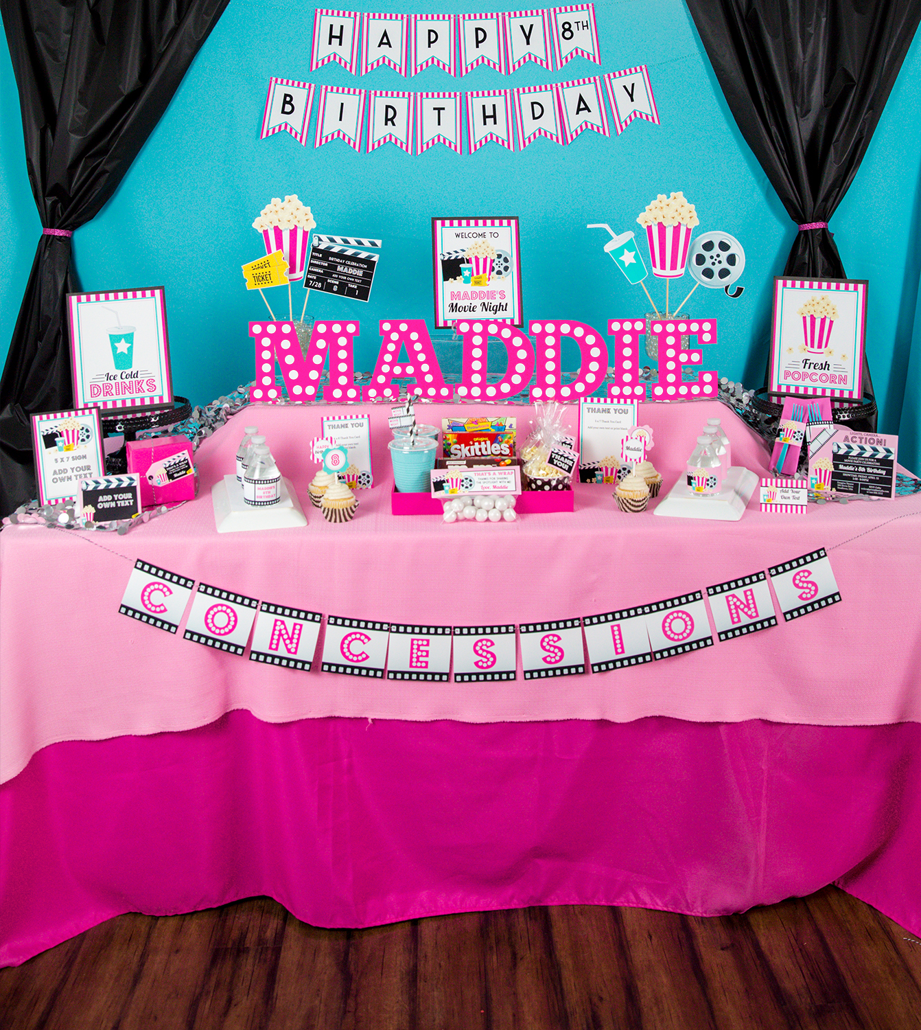 Movie Party Decorations and Invitation Set in Pink - Printable Studio