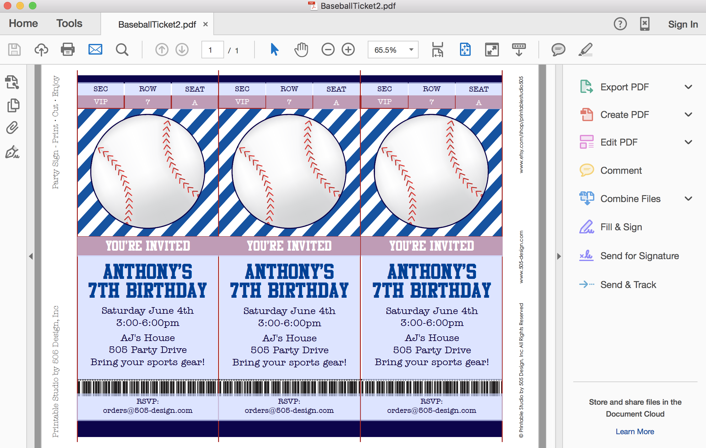 Baseball Party Ticket Style Invitation - Printable Studio