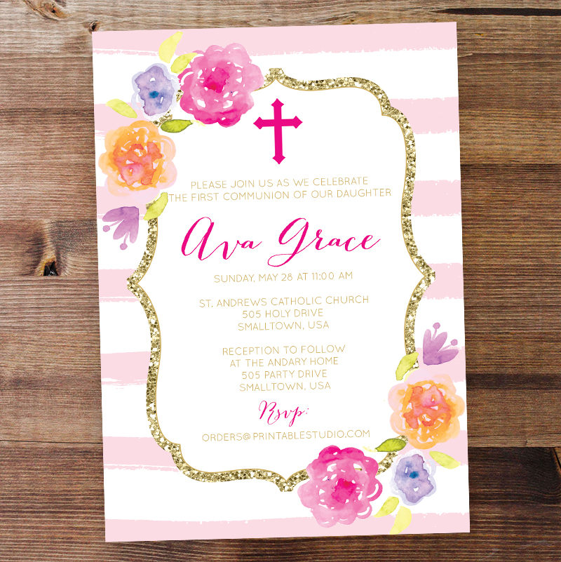 Navy and Gold First Communion Thank You Card - Printable Studio