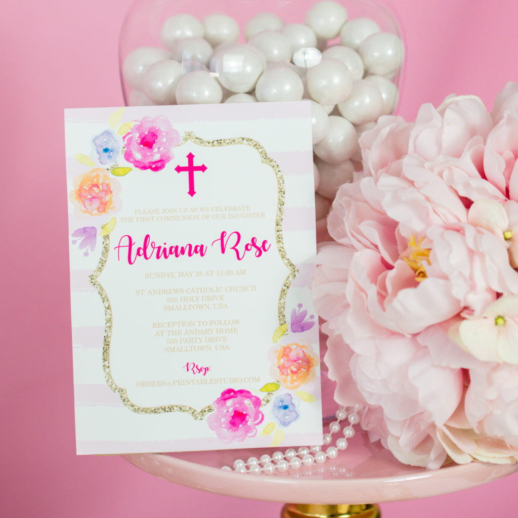 Pink Gold and Floral Communion Invitation Printable Studio