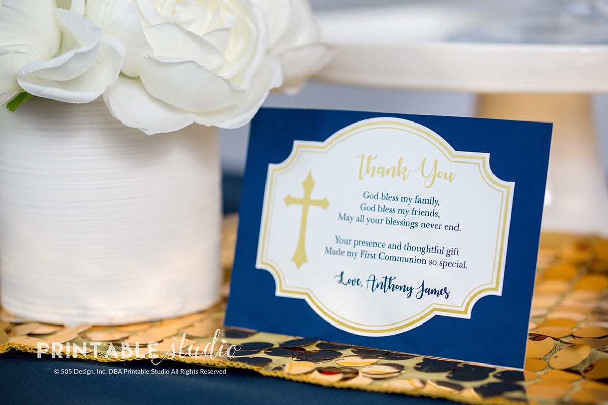 Navy And Gold First Communion Thank You Card Printable Studio