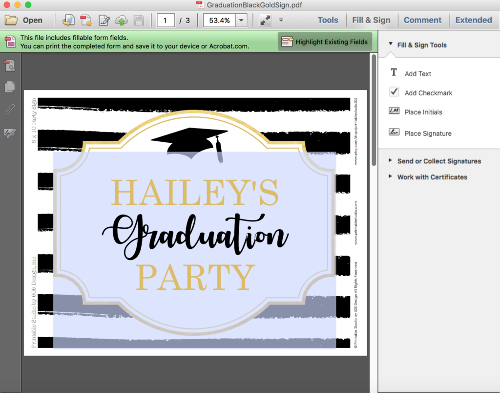 Black and Gold Graduation Party Signs - Printable Studio