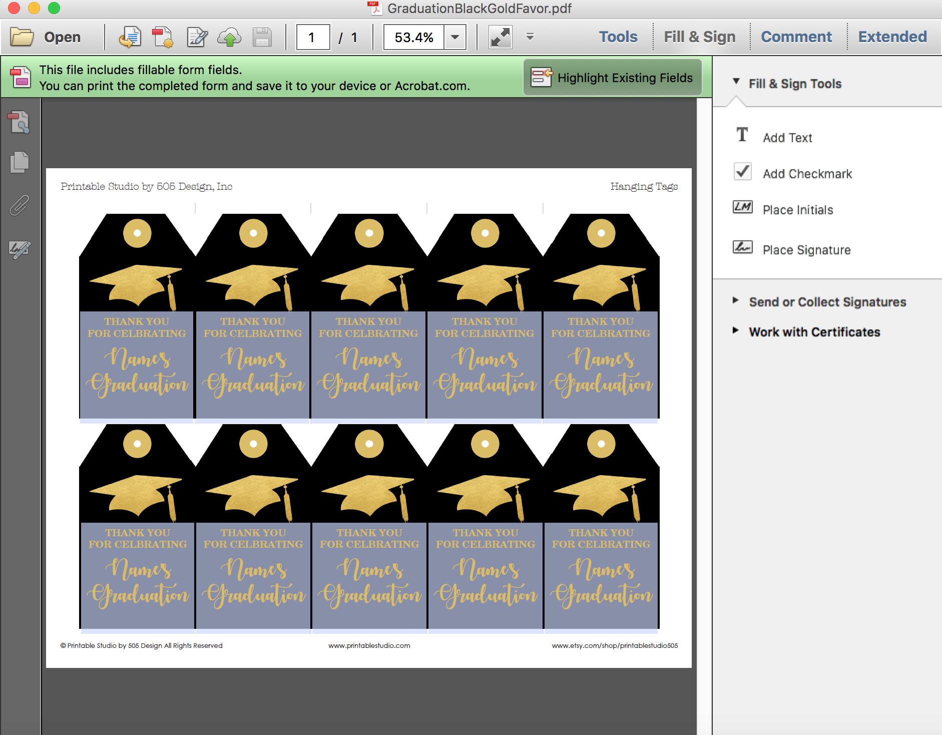 Black And Gold Graduation Party Favor Tags Printable Studio